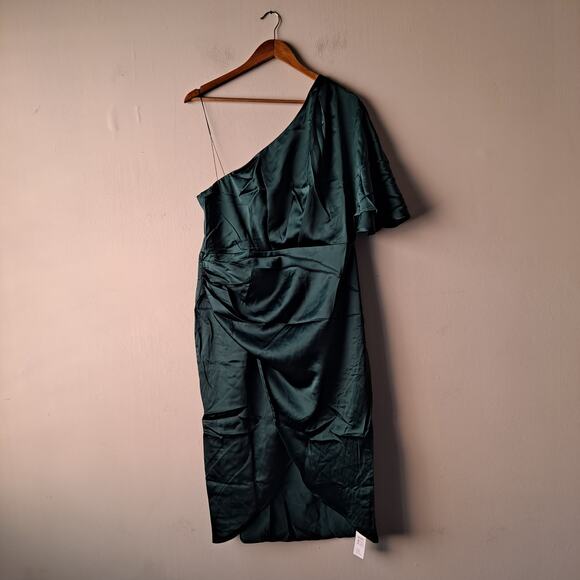 NWT Cupshe Ramla Dress Satin Pleated One Shoulder Sheath Midi Gown Green Size XL - Picture 4 of 13